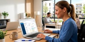 Jeune femme devant un site Coprolib - Le logiciel de gestion de copropriété