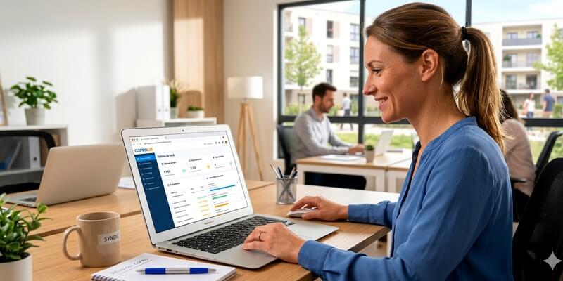 Jeune femme devant un site Coprolib - Le logiciel de gestion de copropriété